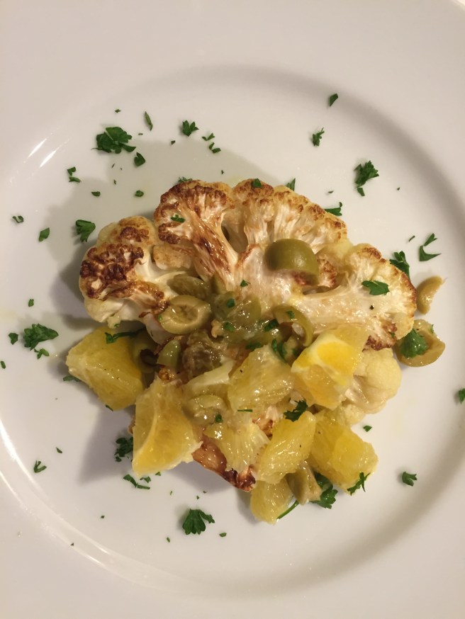 The final product- I love the combo of the olive oil, oranges, lemon juice, olives and raisins